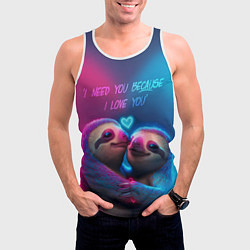 Майка-безрукавка мужская Влюбленные ленивцы обнимаются на фоне неонового се, цвет: 3D-белый — фото 2