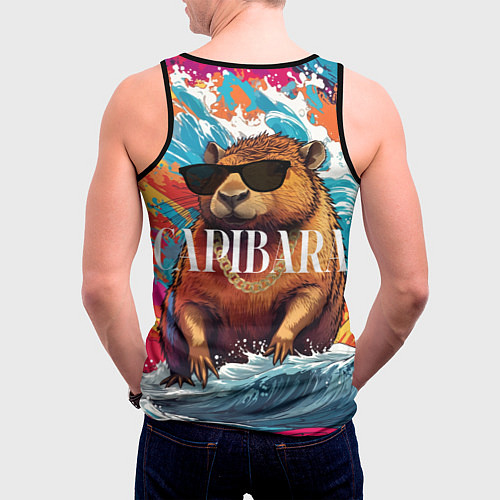 Мужская майка без рукавов Капибара в очках на красочных волнах / 3D-Черный – фото 4