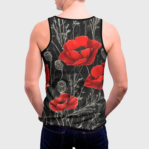 Мужская майка без рукавов Красные маки на темном фоне / 3D-Черный – фото 4