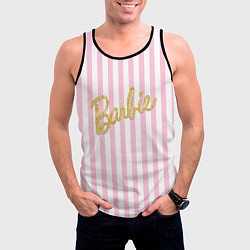 Майка-безрукавка мужская Barbie - золотая надпись и бело-розовые полосы, цвет: 3D-черный — фото 2