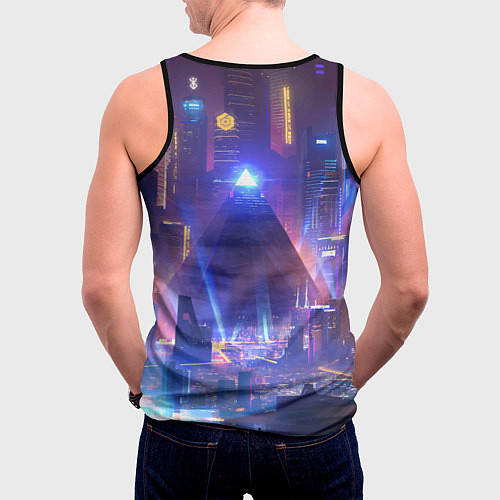 Мужская майка без рукавов Девчонка в маске в мегаполисе - киберпанк / 3D-Черный – фото 4