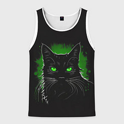 Майка-безрукавка мужская Портрет черного кота в зеленом свечении, цвет: 3D-белый