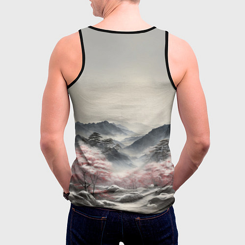 Мужская майка без рукавов Высокое дерево и гора Фудзияма / 3D-Черный – фото 4