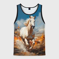 Майка-безрукавка мужская Белая лошадь скачет в поле, цвет: 3D-черный