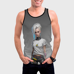 Майка-безрукавка мужская Блондинка в белой футболке Cyberpunk 2077, цвет: 3D-черный — фото 2