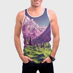Майка-безрукавка мужская Геометрический зеленый пейзаж и фиолетовые горы, цвет: 3D-белый — фото 2
