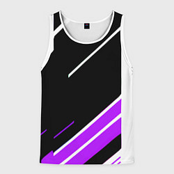 Мужская майка без рукавов Бело-фиолетовые полосы на чёрном фоне