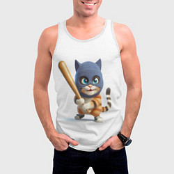 Майка-безрукавка мужская Прикольный котёнок с бейсбольной битой и в балакла, цвет: 3D-белый — фото 2