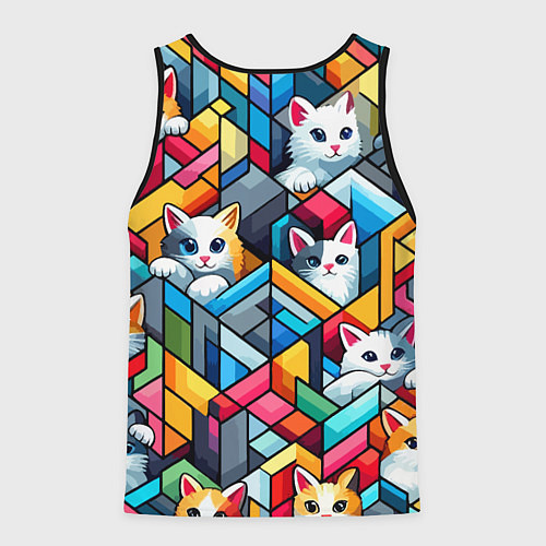 Мужская майка без рукавов Геометрический паттерн с котятами - нейросеть / 3D-Черный – фото 2