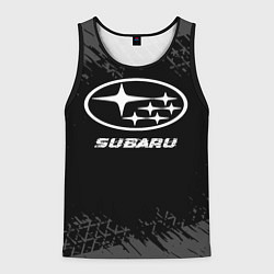 Мужская майка без рукавов Subaru speed на темном фоне со следами шин