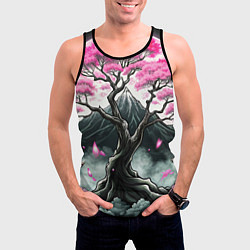 Майка-безрукавка мужская Япония сакура и горы, цвет: 3D-черный — фото 2