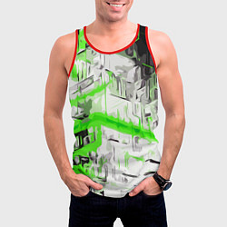 Майка-безрукавка мужская Бело-зелёная абстракция на чёрном фоне, цвет: 3D-красный — фото 2