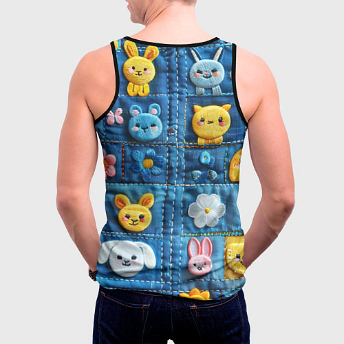 Мужская майка без рукавов Зайчата на пэчворк / 3D-Черный – фото 4