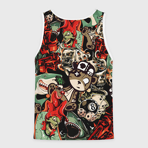 Мужская майка без рукавов Граффити плюшевого медведя среди акул азарта / 3D-Белый – фото 2
