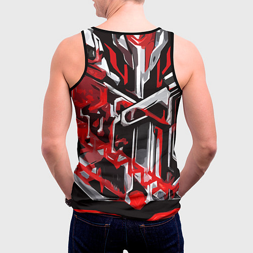 Мужская майка без рукавов Красно-белая агрессивная абстракция на чёрном фоне / 3D-Черный – фото 4