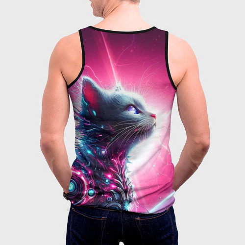 Мужская майка без рукавов Космический кибер котёнок - неоновое свечение / 3D-Черный – фото 4