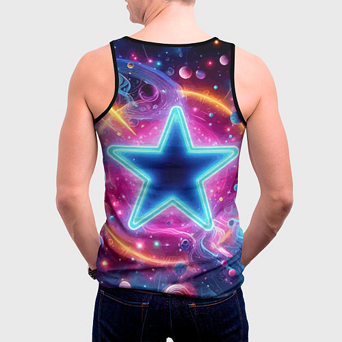 Мужская майка без рукавов Звезда в неоновом космосе - нейроарт / 3D-Черный – фото 4