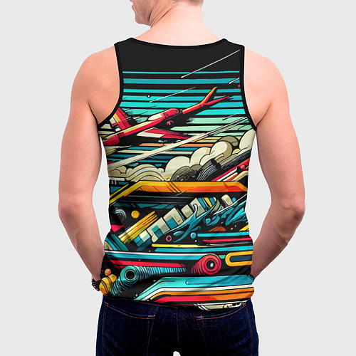 Мужская майка без рукавов Абстракция с красным самолётом - нейроарт / 3D-Черный – фото 4