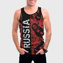 Майка-безрукавка мужская Россия на фоне матрёшек балалайки и славянских узо, цвет: 3D-черный — фото 2