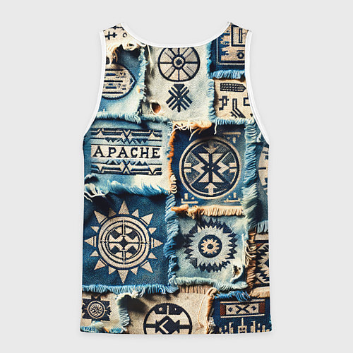 Мужская майка без рукавов Символы Апачи на пэчворк дениме / 3D-Белый – фото 2