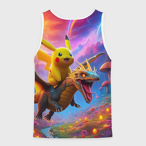 Мужская майка без рукавов Пикачу летит на драконе среди грибов / 3D-Белый – фото 2