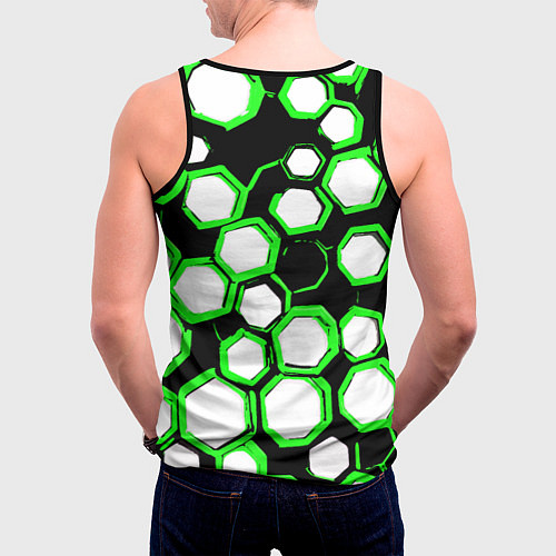Мужская майка без рукавов Бело-зелёные шестиугольники на чёрном фоне / 3D-Черный – фото 4