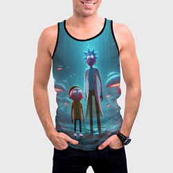 Майка-безрукавка мужская Морти и Рик в сказочном неоновом грибном лесу, цвет: 3D-черный — фото 2