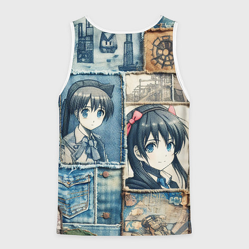 Мужская майка без рукавов Пэчворк деним и аниме / 3D-Белый – фото 2