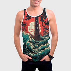 Майка-безрукавка мужская Маяк и волны в японском стиле, цвет: 3D-белый — фото 2