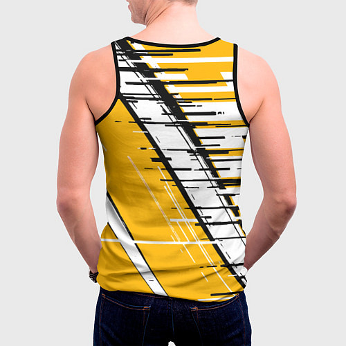 Мужская майка без рукавов Чёрно-белые глитч полосы на жёлтом фоне / 3D-Черный – фото 4