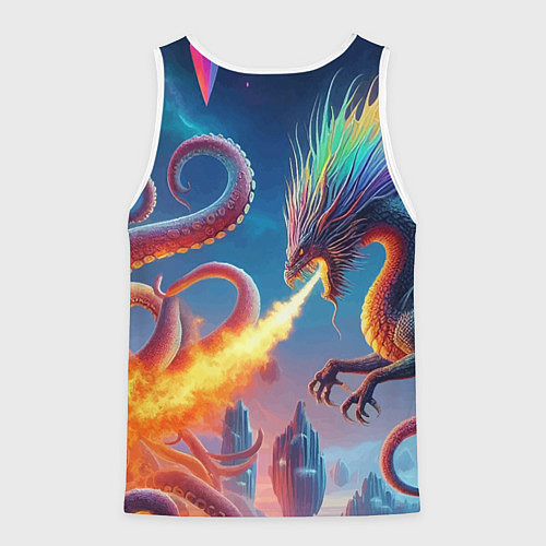 Мужская майка без рукавов Огнедышащий дракон против осьминога - нейроарт фан / 3D-Белый – фото 2