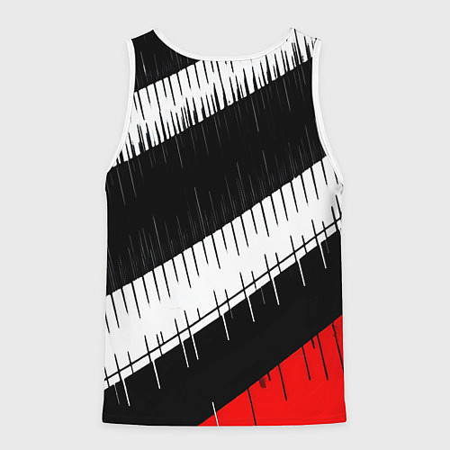 Мужская майка без рукавов Диагональные чёрно-белые полосы на красном фоне / 3D-Белый – фото 2
