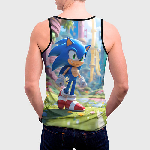Мужская майка без рукавов Соник на зеленой лужайке / 3D-Черный – фото 4
