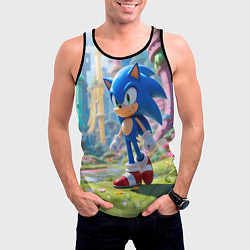 Майка-безрукавка мужская Соник на зеленой лужайке, цвет: 3D-черный — фото 2