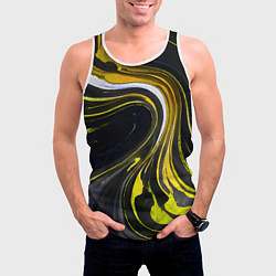 Майка-безрукавка мужская Волнистые бело-жёлтые линии на чёрном фоне, цвет: 3D-белый — фото 2