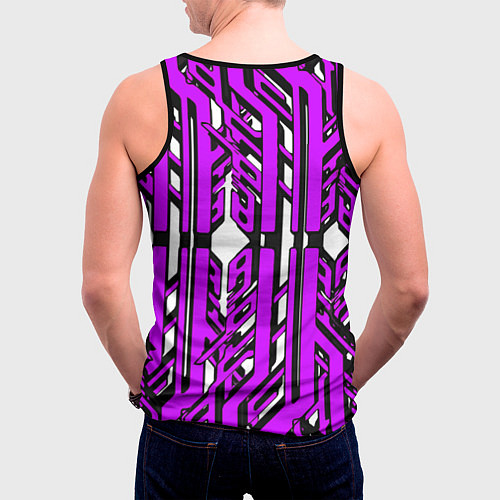 Мужская майка без рукавов Чёрно-фиолетовые техно полосы на белом фоне / 3D-Черный – фото 4
