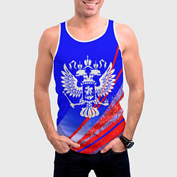 Майка-безрукавка мужская Герб России на фоне цветов флага синий, цвет: 3D-белый — фото 2