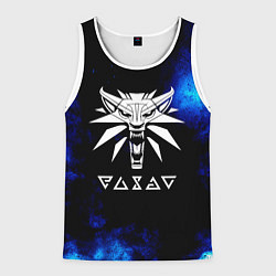 Майка-безрукавка мужская Ведьмак лого синие краски, цвет: 3D-белый