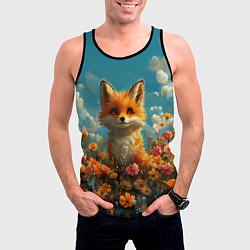 Майка-безрукавка мужская Лисица в цветочном поле, цвет: 3D-черный — фото 2