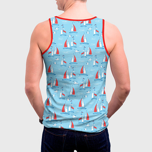 Мужская майка без рукавов Морской паттерн с парусными лодками и чайками / 3D-Красный – фото 4