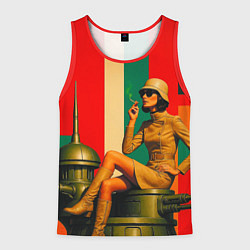Майка-безрукавка мужская Милитари девушка на оружейной башне ретрофутуризм, цвет: 3D-красный