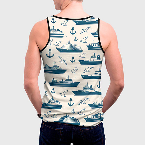 Мужская майка без рукавов Морской паттерн из чаек, якорей и кораблей / 3D-Черный – фото 4