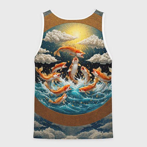 Мужская майка без рукавов Большие золотистые рыбы выпрыгивают из воды / 3D-Белый – фото 2