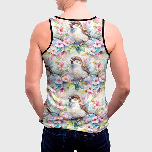 Мужская майка без рукавов Воробей в ярких цветах паттерн / 3D-Черный – фото 4