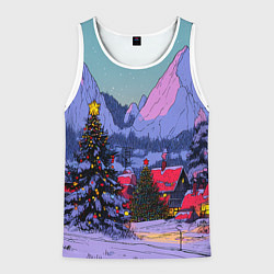Майка-безрукавка мужская Новогодние елки в горном городке, цвет: 3D-белый
