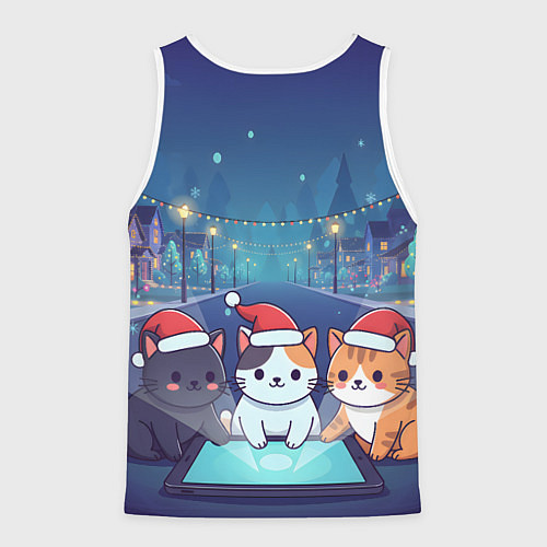 Мужская майка без рукавов Новогодние котики с планшетом / 3D-Белый – фото 2