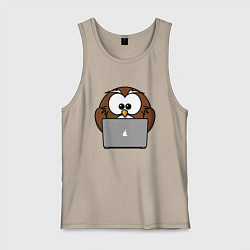 Майка мужская хлопок Сова с ноутбуком, цвет: миндальный