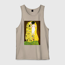 Майка мужская хлопок Густав Климт влюблённые поцелуй с котом, цвет: миндальный