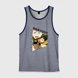 Майка мужская хлопок Кагеяма Тобио, Нишиноя Ю, Хината Шоё Волейбол, цвет: синяя тельняшка