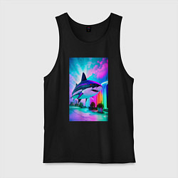 Майка мужская хлопок Неоновая акула - нейросеть, цвет: черный